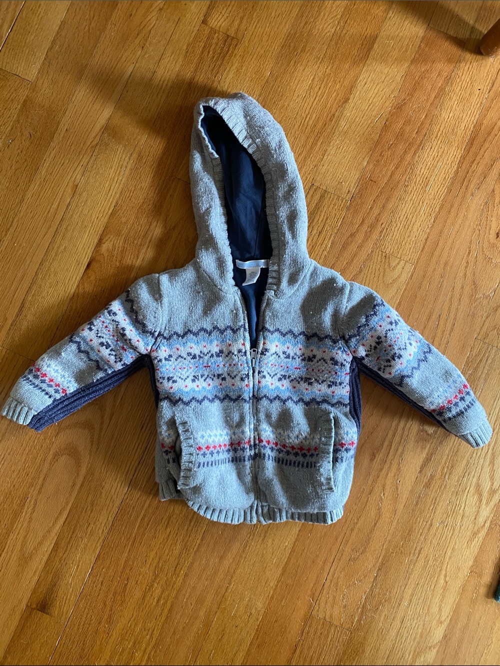 Janie and Jack Gray Hooded Knit Sweater with Fair Isle Accents